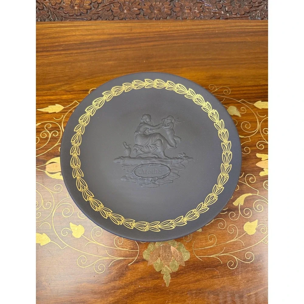 Vintage Wedgwood Mother Plate • Black Basalt Jasperware Gold Relief